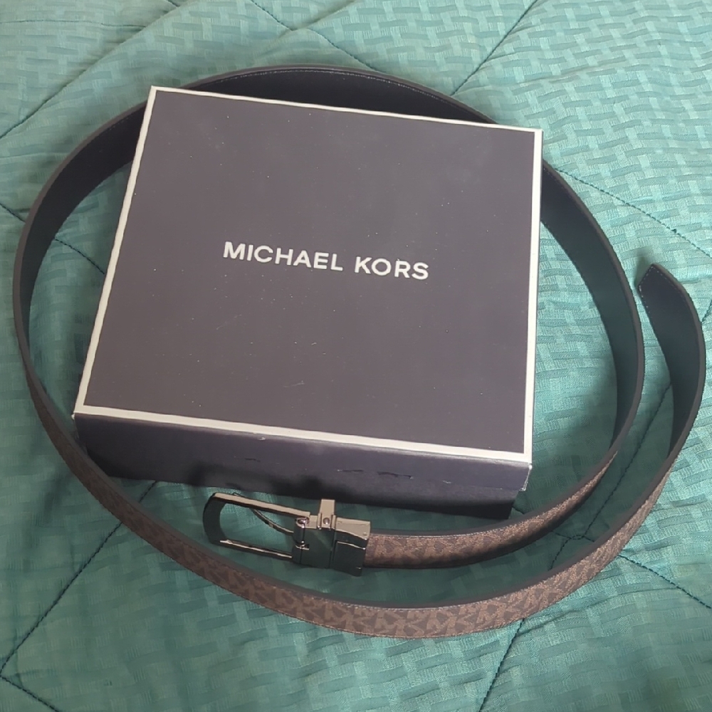 Michael Kors Brown Logo Men's Belt with Silver Buckle